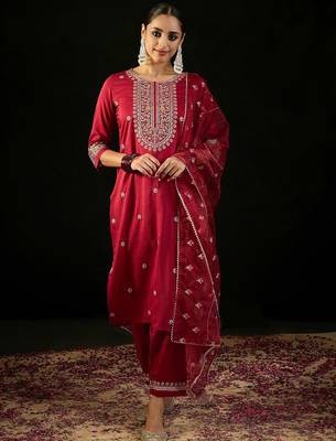 Round Neck Floral Embroidered Straight Kurta with Trouser & Dupatta 7