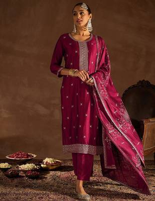 Maroon Ethnic Motifs Embroidered Thread Work Kurta with Trousers & Dupatta 1