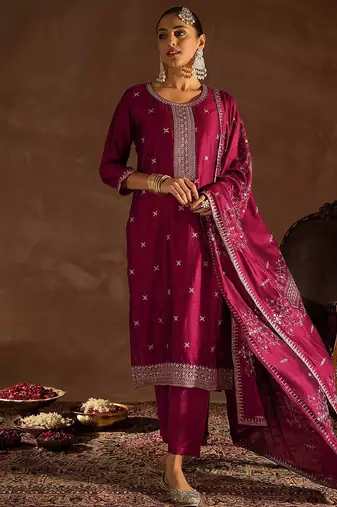 Maroon Ethnic Motifs Embroidered Thread Work Kurta with Trousers & Dupatta