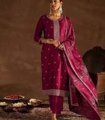 Maroon Ethnic Motifs Embroidered Thread Work Kurta with Trousers & Dupatta