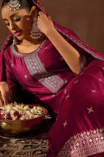 Maroon Ethnic Motifs Embroidered Thread Work Kurta with Trousers & Dupatta