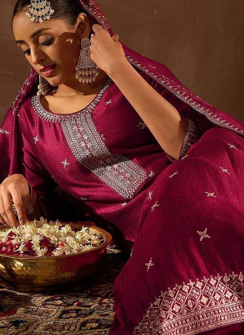 Maroon Ethnic Motifs Embroidered Thread Work Kurta with Trousers & Dupatta