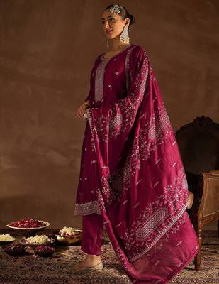 Maroon Ethnic Motifs Embroidered Thread Work Kurta with Trousers & Dupatta 5