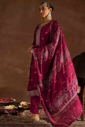 Maroon Ethnic Motifs Embroidered Thread Work Kurta with Trousers & Dupatta