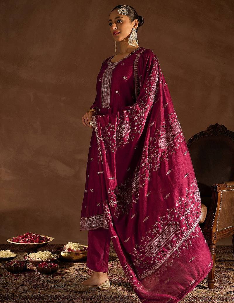 Maroon Ethnic Motifs Embroidered Thread Work Kurta with Trousers & Dupatta