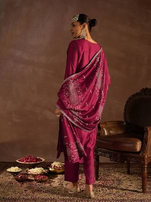 Maroon Ethnic Motifs Embroidered Thread Work Kurta with Trousers & Dupatta 6