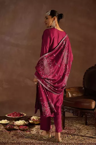 Maroon Ethnic Motifs Embroidered Thread Work Kurta with Trousers & Dupatta