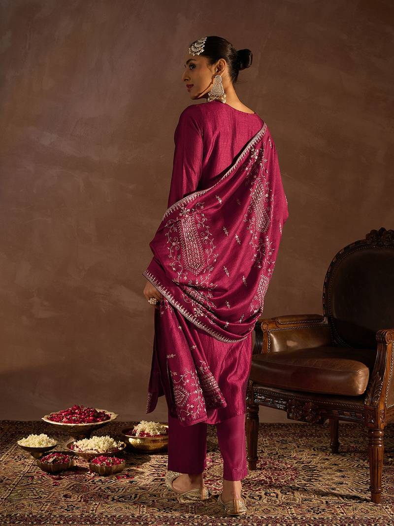 Maroon Ethnic Motifs Embroidered Thread Work Kurta with Trousers & Dupatta
