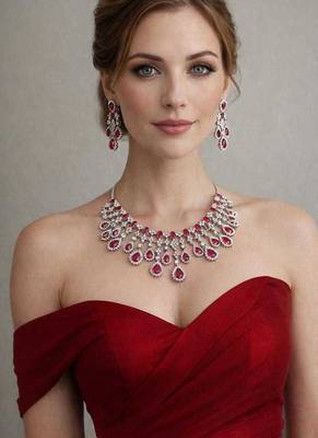 Bridal Ruby Red Necklace and Earring Set | CZ Diamond Choker 1
