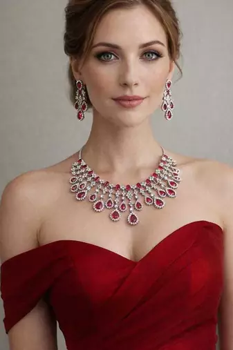 Bridal Ruby Red Necklace and Earring Set | CZ Diamond Choker