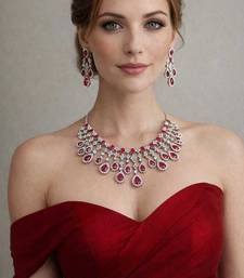 Bridal Ruby Red Necklace and Earring Set | CZ Diamond Choker