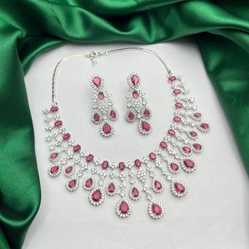 Bridal Ruby Red Necklace and Earring Set | CZ Diamond Choker 2