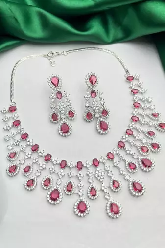 Bridal Ruby Red Necklace and Earring Set | CZ Diamond Choker