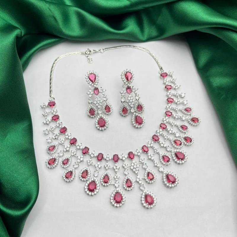 Bridal Ruby Red Necklace and Earring Set | CZ Diamond Choker