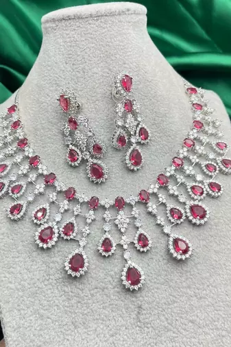 Bridal Ruby Red Necklace and Earring Set | CZ Diamond Choker