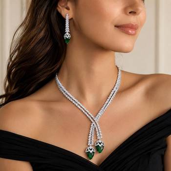 Emerald Green Crystal Bridal Jewelry Set – Marquise CZ Silver Choker Necklace, Dangle Earrings 1