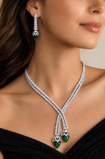 Emerald Green Crystal Bridal Jewelry Set – Marquise CZ Silver Choker Necklace, Dangle Earrings