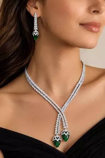 Emerald Green Crystal Bridal Jewelry Set – Marquise CZ Silver Choker Necklace, Dangle Earrings