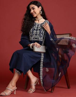Yoke Design Thread Work Kurta With Trousers & Dupatta 1