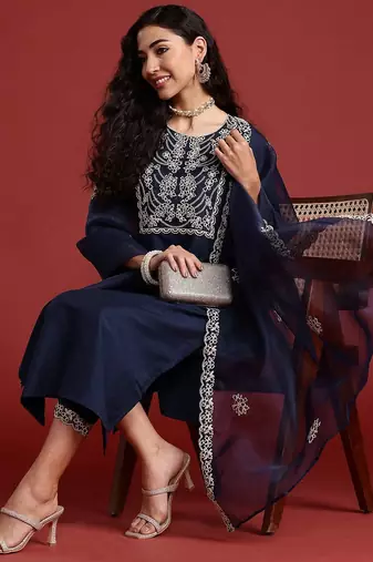 Yoke Design Thread Work Kurta With Trousers & Dupatta