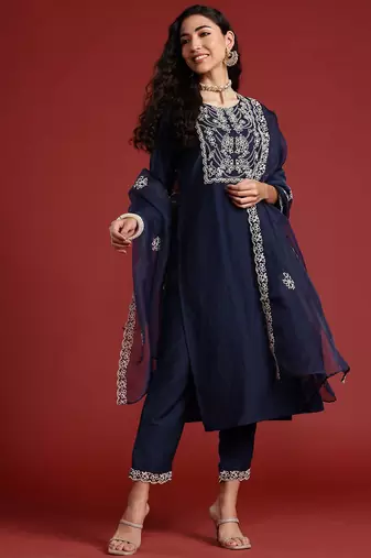 Yoke Design Thread Work Kurta With Trousers & Dupatta