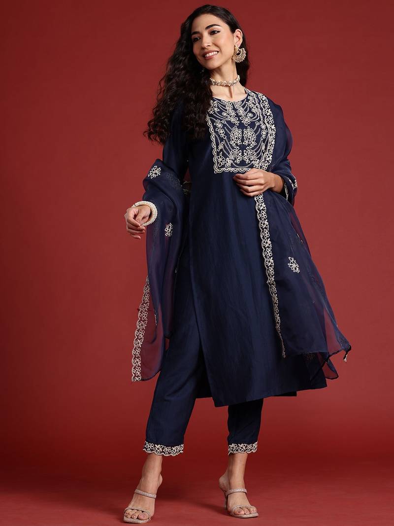 Yoke Design Thread Work Kurta With Trousers & Dupatta