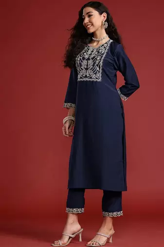 Yoke Design Thread Work Kurta With Trousers & Dupatta