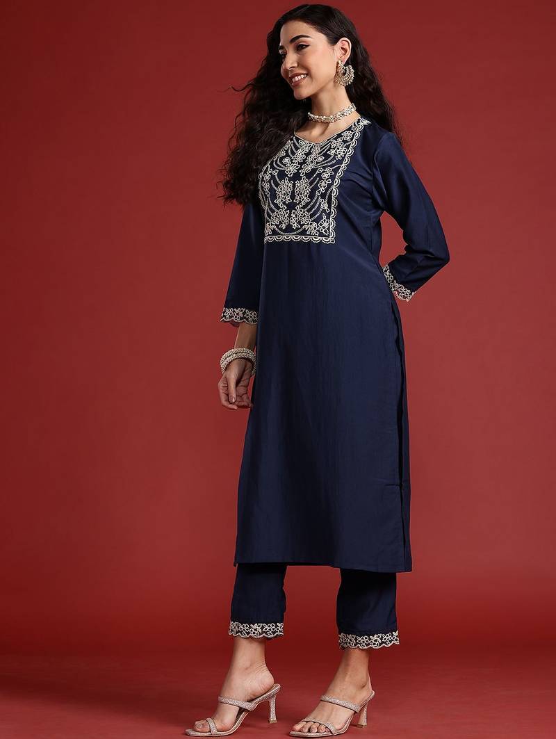 Yoke Design Thread Work Kurta With Trousers & Dupatta