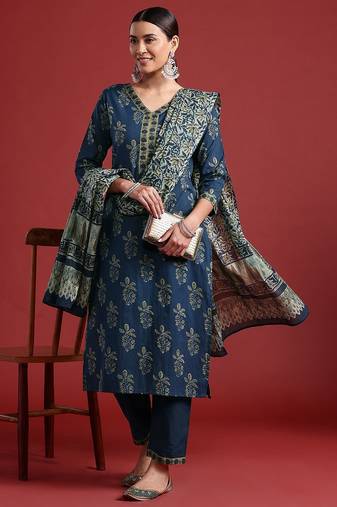 floral printed  cotton kurta with trousers & dupatta