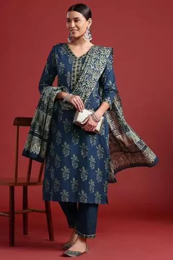 Floral Printed Pure Cotton Kurta With Trousers & Dupatta