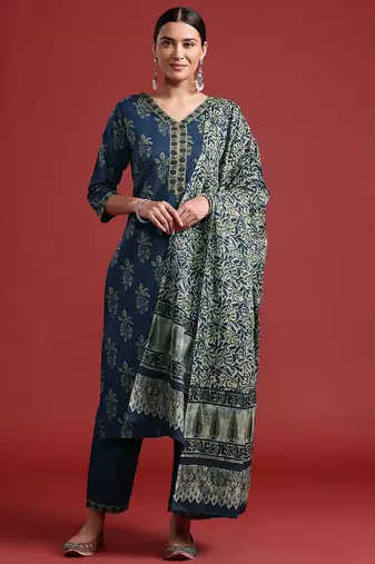 Floral Printed Pure Cotton Kurta With Trousers & Dupatta