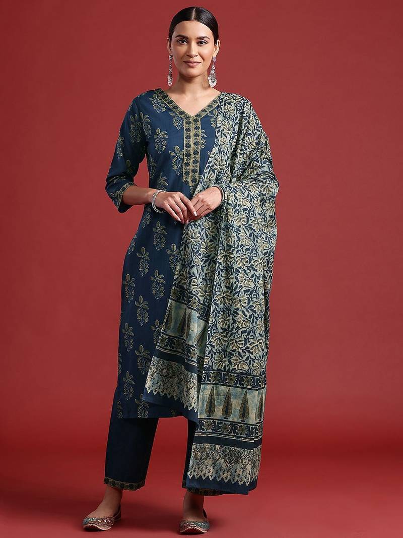 Floral Printed Pure Cotton Kurta With Trousers & Dupatta