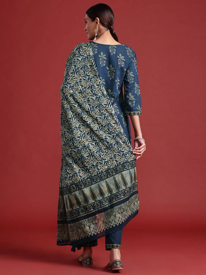 Floral Printed Pure Cotton Kurta With Trousers & Dupatta