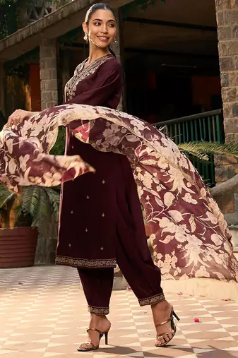 V Neck Ethnic Motifs Embroidered Regular Thread Work Kurta with Salwar & Dupatta