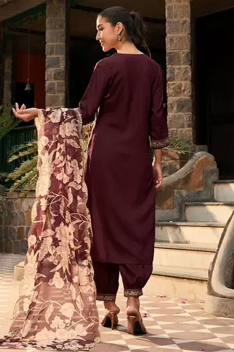V Neck Ethnic Motifs Embroidered Regular Thread Work Kurta with Salwar & Dupatta