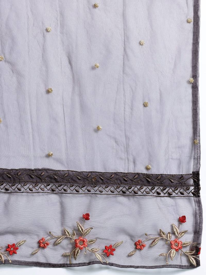 Floral Embroidered Kurta With Trousers & Dupatta