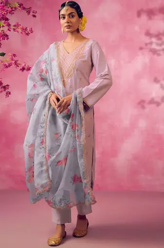Mauve Ethnic Motifs Embroidered Regular Kurta with Trousers & Dupatta