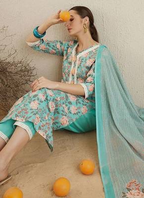 V Neck Floral Printed Mirror Work Pure Cotton Kurta with Trouser & Dupatta 1