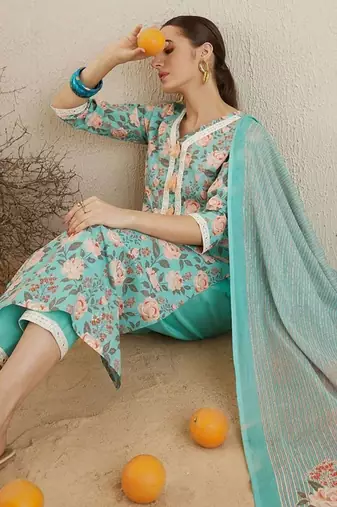 V Neck Floral Printed Mirror Work Pure Cotton Kurta with Trouser & Dupatta