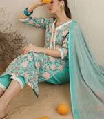 V Neck Floral Printed Mirror Work Pure Cotton Kurta with Trouser & Dupatta