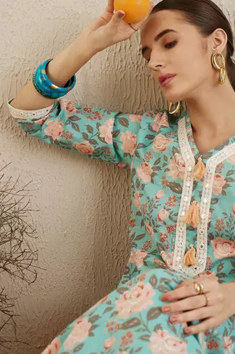 V Neck Floral Printed Mirror Work Pure Cotton Kurta with Trouser & Dupatta