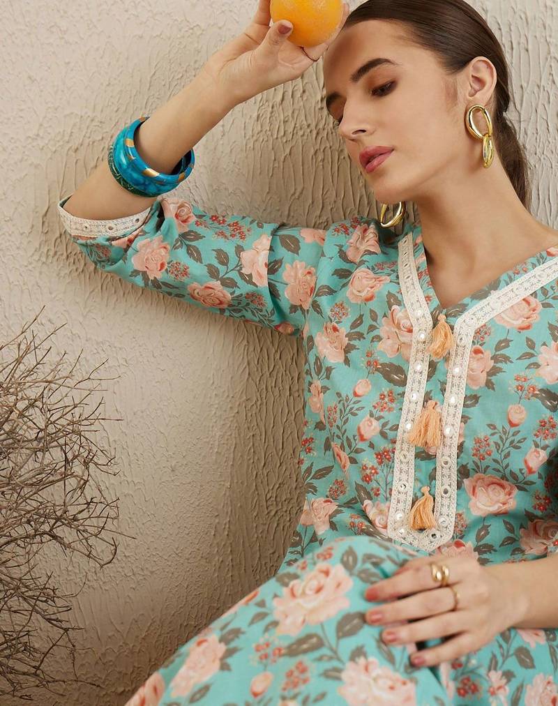V Neck Floral Printed Mirror Work Pure Cotton Kurta with Trouser & Dupatta