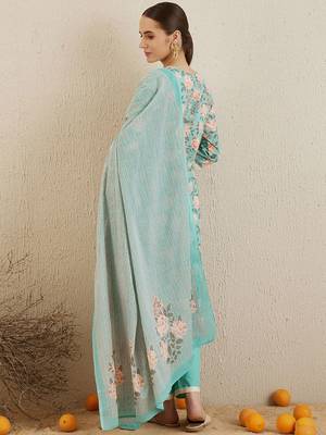 V Neck Floral Printed Mirror Work Pure Cotton Kurta with Trouser & Dupatta 5