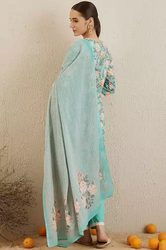 V Neck Floral Printed Mirror Work Pure Cotton Kurta with Trouser & Dupatta