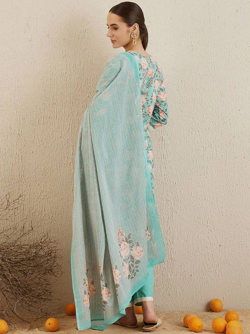 V Neck Floral Printed Mirror Work Pure Cotton Kurta with Trouser & Dupatta
