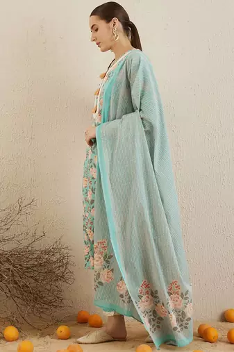 V Neck Floral Printed Mirror Work Pure Cotton Kurta with Trouser & Dupatta