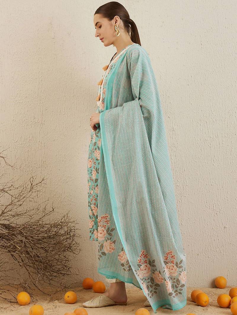 V Neck Floral Printed Mirror Work Pure Cotton Kurta with Trouser & Dupatta