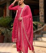 Floral Embroidered Regular Thread Work Straight Kurta with Trousers & Dupatta