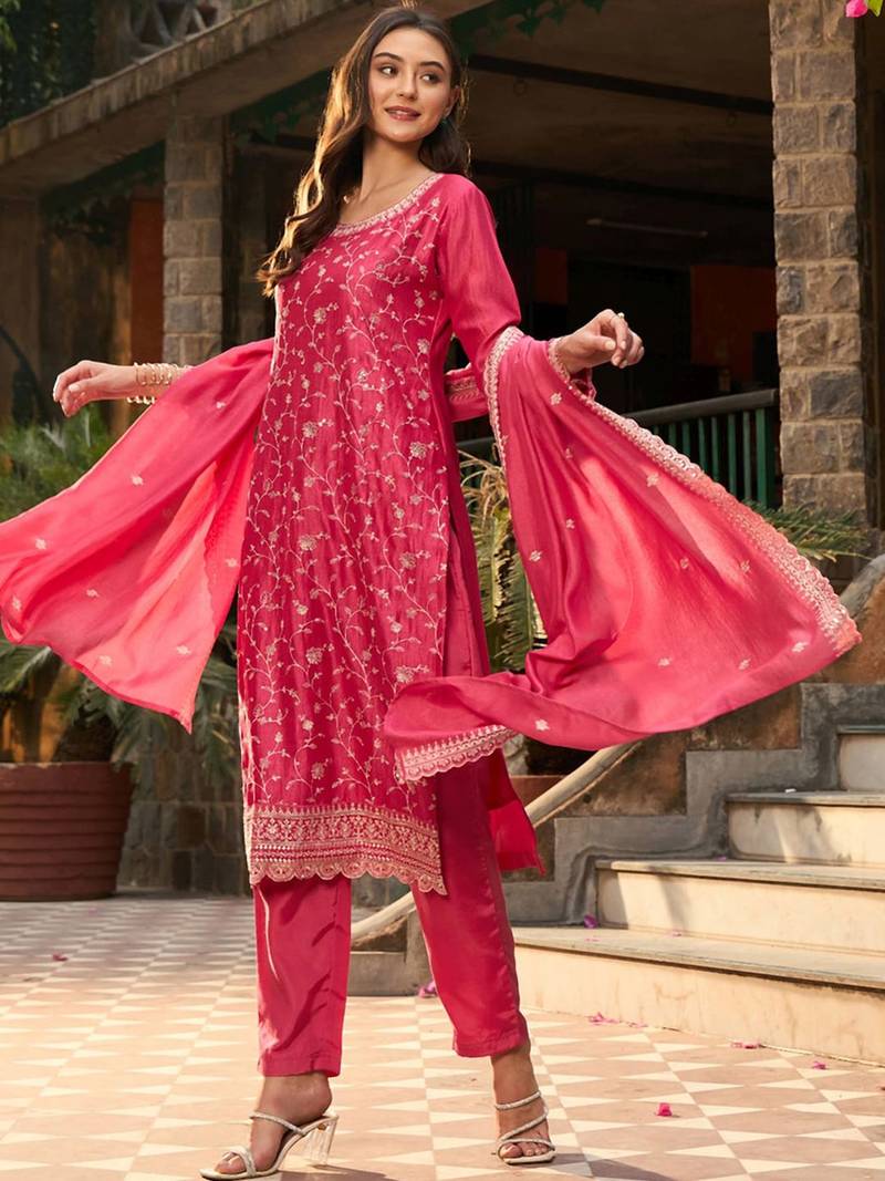 Floral Embroidered Regular Thread Work Straight Kurta with Trousers & Dupatta