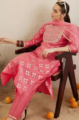 Printed Regular Kurta with Trousers & Dupatta
